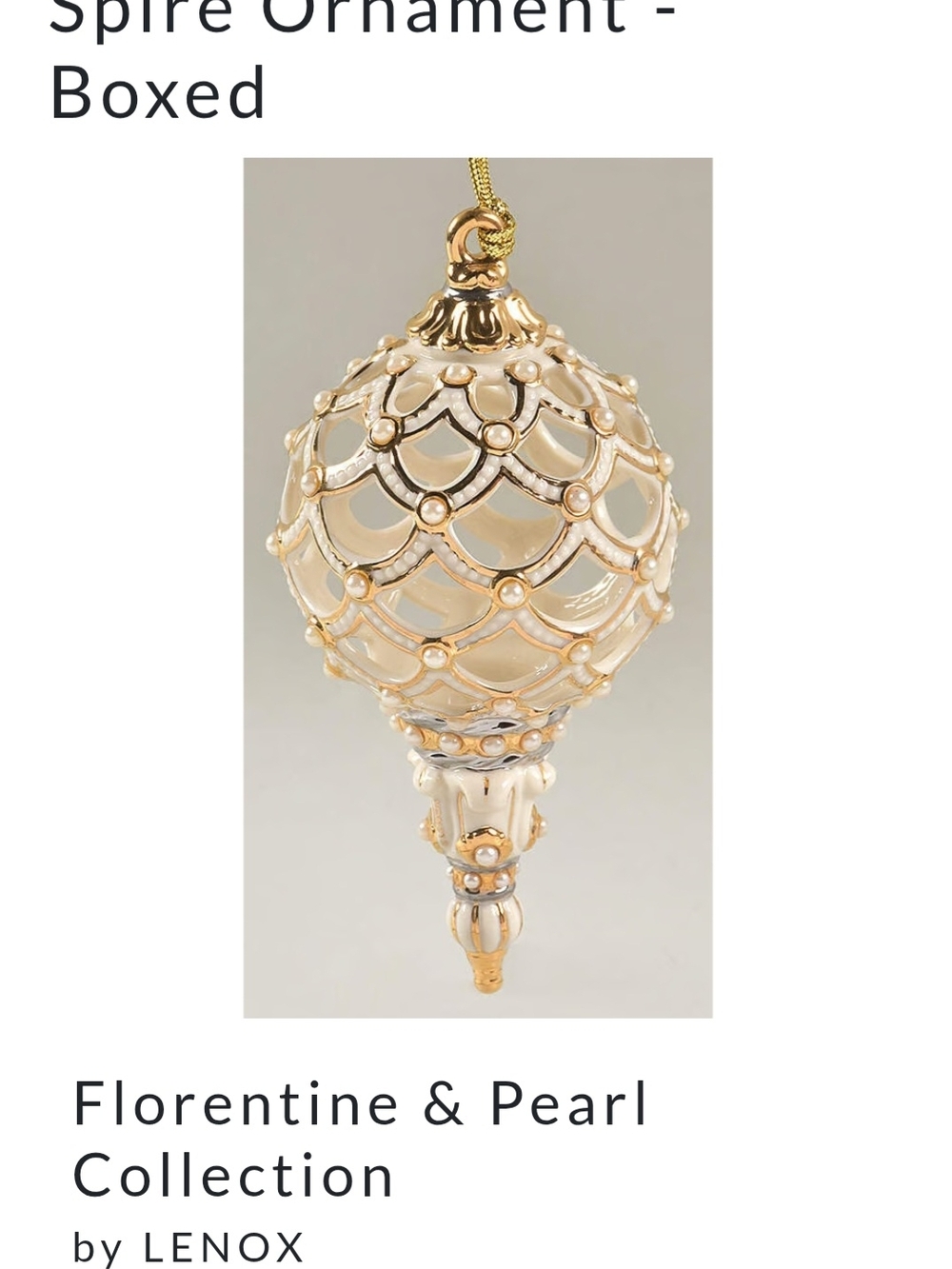 Lenox Florentine & Pearl Gold and Cream Spire Ornament